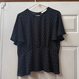 LOFT Navy Peplum Blouse with White Dots